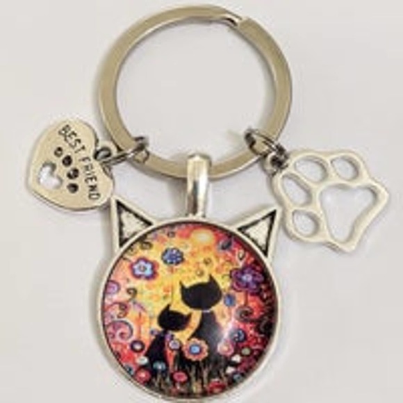 4/$20 Black cat cats paw heart best friend keychain keyring cabochon dome charm - Picture 1 of 3